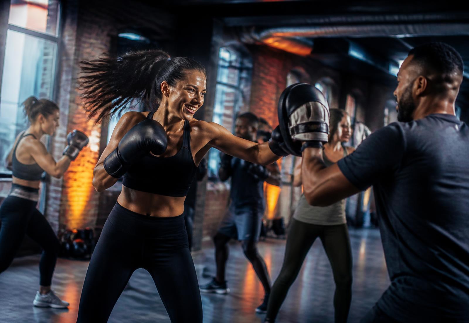 Team eines Unternehmens beim aktiven Boxing-Teamevent in einer modernen Halle